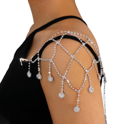 Rhinestone Shoulder Chain Jewelry - Crystal Tassel Arm Strap for Sexy Festival Rave - Bra Chain Bridal Lingerie Jewelry for Women - color: Silver