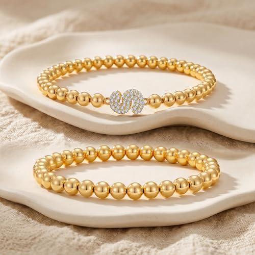 Initial Stack Bracelet Set for Women Trendy 14K Gold Plated Beaded Stackable Stacking Stretch Name Bracelets Dainty Friendship Waterproof Charm Cute Birthday Jewelry Gifts for Women - color: Initial S