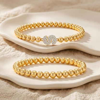 Initial Stack Bracelet Set for Women Trendy 14K Gold Plated Beaded Stackable Stacking Stretch Name Bracelets Dainty Friendship Waterproof Charm Cute Birthday Jewelry Gifts for Women - color: Initial S