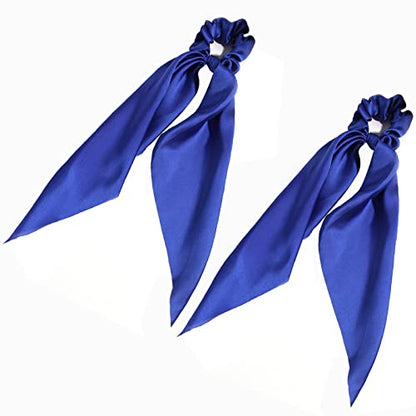 Pack of 2 Knotted Bow Hair Scrunchies Elastic Hair Scarf Hair Ties Bands Satin Hair Ribbon Scrunchy Ponytail Holder for Women and Girls,Hair Scarf Scrunchies,Hair Accessories (Royal Blue) - color: Royal Blue