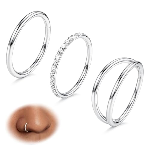 BodyBonita 3pcs Nose Rings Hoops - Double Hoop Nose Ring 14/16/18/20G Hinged CZ Piercing Jewelry Septum Clicker Rings Cartilage Earring Helix Rook Tragus Daith 7mm/8mm/9mm/10mm - color: Silver, size: 18 gauge(1.0mm)-8mm