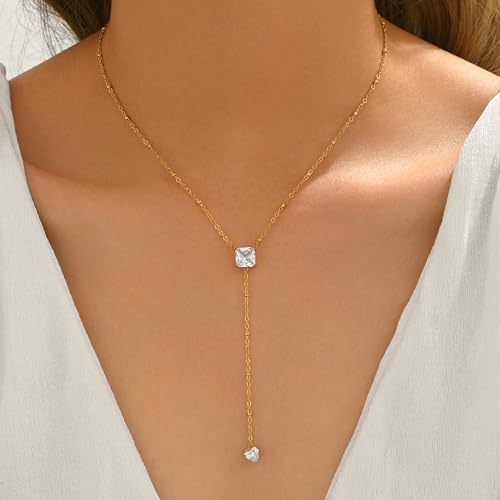 Dainty Y-Shaped Lariat CZ Drop Charm Pendant Necklaces for Women - color: Square-CZ-GD