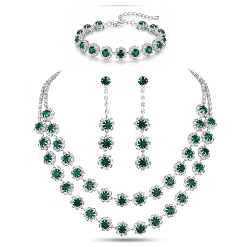 Rhinestone Bridal Wedding Jewelry Set，Crystal Necklace Earrings Bracelet Sets Formal Costume Jewelry for Women and Brides - color: GREEN