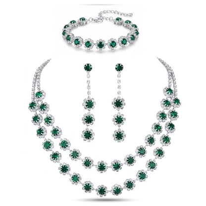 Rhinestone Bridal Wedding Jewelry Set，Crystal Necklace Earrings Bracelet Sets Formal Costume Jewelry for Women and Brides - color: GREEN