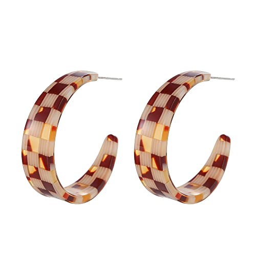Vintage Minimalist 80s C Shaped Acrylic Dangle Earrings Lightweight Geometric Black White Plaid Hoop Earrings Colorful Chunky Big Earrings Statement Jewelry Gifts for Women - color: F-Brown