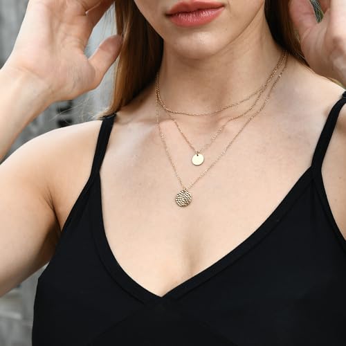 Layered Necklaces for Women - 14K Dainty Gold Plated Layering Chokers Necklaces Set Multilayer Delicate Necklace Trendy Adjustable Long Layered Necklaces for Women - style: 02 Gold-Plated Disc Necklace