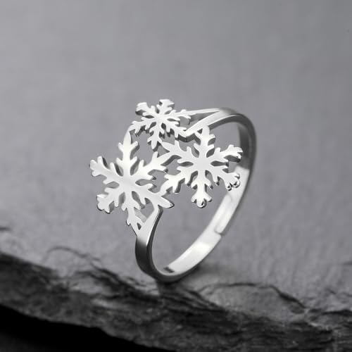 OIDIMS Xmas Snowflake Ring for Women Elegant Winter Flower Adjustable Open Band Rings Hypoallergenic Stainless Steel Christmas Holiday Wedding Engagement Prom Jewelry for Her Stocking Stuffer - color: Silver