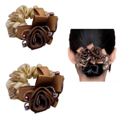 Satin Hair Scrunchie with Rose Flower, Brown and Gold, Pearl Beads, Ribbon Bow, Hair Tie Accessory, 9cm (khaki) - color: khaki
