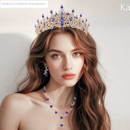 Kamirola Tiaras and Crowns for Women,Tiaras Earrings Necklace, Crystal Bridal Jewelry Set (TR48) - color: Gold Blue