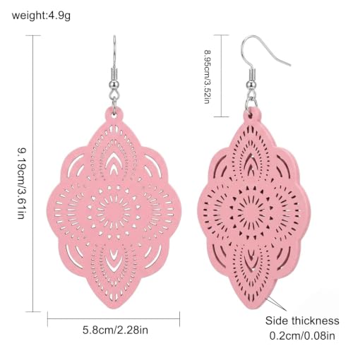 Boho Black Filigree Dangle Earrings for Women, Lightweight Hollow Lace Drop, Wood, 3.34" x 1.69", Bohemian Jewelry - color: Pink