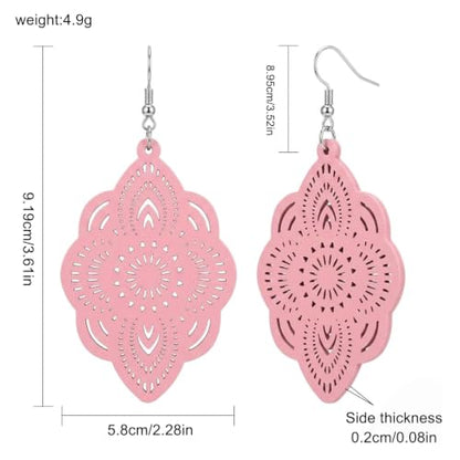 Boho Black Filigree Dangle Earrings for Women, Lightweight Hollow Lace Drop, Wood, 3.34" x 1.69", Bohemian Jewelry - color: Pink