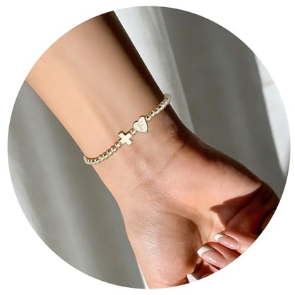 Mikovivi Women's Cross Bracelet with Initial Beads, Elastic Heart Alphabet Charm Stackable Beaded Bracelet Religious Christian Jewelry Gift - style: Letter F