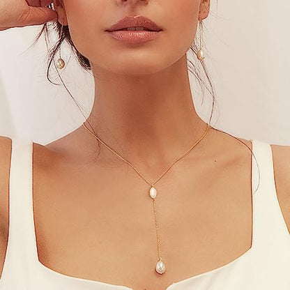 DIBOLA Dainty Pearl Necklaces for Women 14K Gold/Silver Plated Cute Single Pearl Necklace Elegant Small Tiny Pearl Choker Thin Chain Necklace Simple White Pearl Drop Y Long Necklace Freshwater Pearled Pendant Necklace Pearls Jewelry Gift - color: Y Drop P