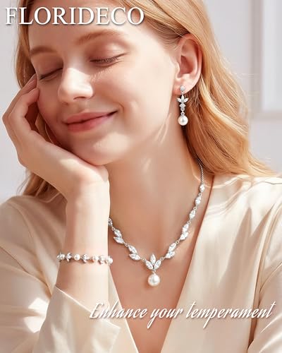 3Pcs 14K Gold Plated Pearl Bridal Jewelry Set for Women | Pearl necklace, drop earrings and bracelet set with cubic zirconia for bride bridesmaid wedding prom and party accessories - color: Silver Plated-CZ Leaf-Pearl