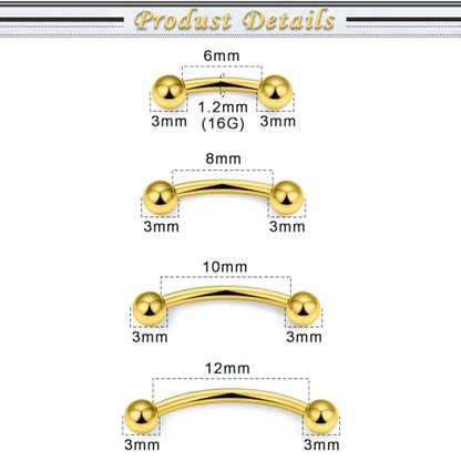Eyebrow Piercing Jewelry Surgical Steel Vertical Labret Lip Jewelry Curved Barbell Tiny Eyebrow Ring Ear Rook Navel Small Belly Button Ring for Women Men 16g Bar Length 6mm/8mm/10mm/12mm - color: goldtone,ball