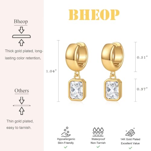 Gold Chunky Dangle Earrings for Women, Bezel Set Cubic Zirconia Charm | 14K Gold Silver Plated, Statement Huggie Hoops Drop Earrings, Trendy Jewelry Gifts, High Grade CZ, Hypoallergenic Lightweight - color: GD-Rectangular CZ Hoop