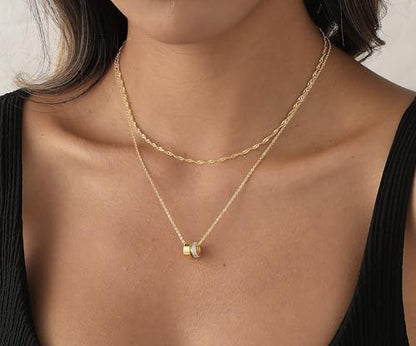 Gold Necklace For Women, Layered 14K Real Gold Plated Necklaces For Women,Dainty Gold Paperclip Chain Tear Circle CZ Pendant Necklace Stack,Trendy Gold Jewelry Set Gifts - style: Layered Twist Rondelle Pendant-Gold