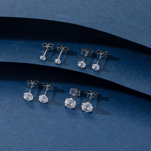 BMMYE 4 Pairs Silver Stud Earrings for Women Stainless Steel Ball Earrings | Small 14 Gold Plated Earrings Studs Set with Cubic Zirconia Waterproof Hypoallergenic Silver Ball Earring for Women - color: 4pair silver cz