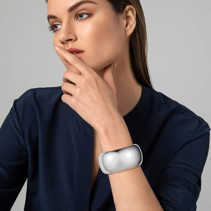 HZMAN Chunky Gold Cuff Bracelets for Women Thick Wide Bangle Bracelet Hammered Open Hinge Wrist Cuff Bracelet Jewelry Gift - color: 05.Round Polished Silver