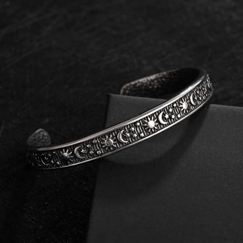 YWMAN Sun Moon Star Engraved Bangle Bracelet - Stainless Steel Celestial Cuff Bracelet - Gifts for Mom Daughter Sister Friends