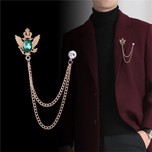 4PCS Gem Brooch Lapel Pin Chain for Men Retro Crystal Tassel Chain Brooch Pin Career Suit Tuxedo of Shirts Tie Hat Scarf Father's Day Gift - color: 2PCS Green
