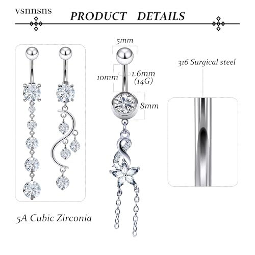 Vsnnsns 14G Dangle Belly Button Ring Piercing Jewelry 316L Stainless Surgical Steel Navel Rings Cubic Zirconia Heart Flower CZ Dangling Belly Button Ring Piercing Jewelry for Women 14 Gauge - color: Silver Tone B