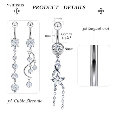 Vsnnsns 14G Dangle Belly Button Ring Piercing Jewelry 316L Stainless Surgical Steel Navel Rings Cubic Zirconia Heart Flower CZ Dangling Belly Button Ring Piercing Jewelry for Women 14 Gauge - color: Silver Tone B