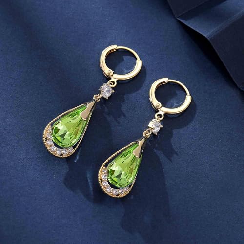 Trendy Austrian Crystal Teardrop Drop Huggie Dangle Earrings for Women 14k Rose Gold Plated Hypoallergenic Jewelry Gifts - color: Fern Green