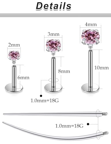 20G 18G 16G Titanium Flat Back Nose Rings Studs Hypoallergenic Lip Labret Monroe Medusa Internally threaded Tragus Cartilage Helix Earrings Studs Piercing Jewelry for Women Men 6mm 8mm 10mm - color: 18G -Flat Back With Screw on Tops-Pink CZ