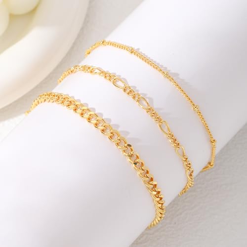 14K Gold Ankle Bracelet for Women, Gold Plated Layered Minimalist Chain Anklet, Dainty Beach Jewelry, Adjustable, Gift for Her