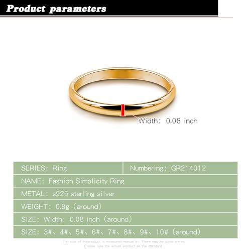 Dankadi Simple Fashion S925 Sterling Silver Ring Smooth Plain Dome Comfort Solid Silver Wedding Ring For Men & Women 3.5 mm 3-13# 24k Real Gold Plated Jewelry - color: 2MM Gold