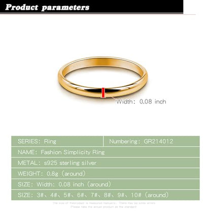 Dankadi Simple Fashion S925 Sterling Silver Ring Smooth Plain Dome Comfort Solid Silver Wedding Ring For Men & Women 3.5 mm 3-13# 24k Real Gold Plated Jewelry - color: 2MM Gold