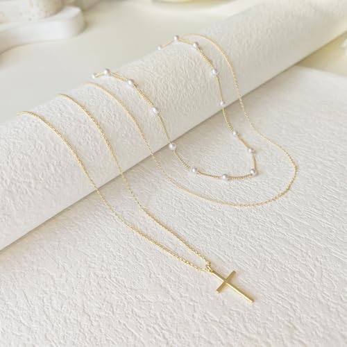 Airmb Cross Necklace for Women Gold/Silver Plated Layered Dainty Cross Chain Trendy Choker Satellite Charm Small Crucifix Pendant Gold/Silver Necklace Stackable Hypoallergenic Delicate Gift for Women - color: Gold-3PCS Cross