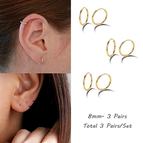 EPIRORA Sterling Silver Hoop Earrings for Women Men, Hypoallergenic Cartilage Earring Endless Small Hoop Earrings Set, 3 Pairs Tragus Earrings (8mm/10mm/12mm) - style: 6# 3 Pairs(8mm*3)-Gold