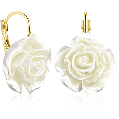 Handmade Bohemian Aesthetic Dainty Acrylic Flower Petal Leverback Earrings Sparkly 14K Gold Floral Dangle Drop Earrings for Women - color: Pearl White