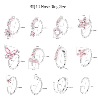 BSJ4U Hoop Nose Rings for Women Nose Piercings 20G Stainless Steel Nose Rings Hoops Heart Butterfly Flower Bow Teardrop Double Nose Hoops Gold Plated Silver Pink Clear CZ Nose Piercing Jewelry - color: Silver Pink Nose Rings