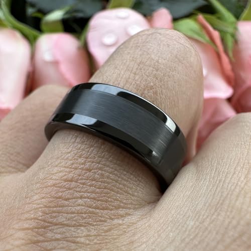 TUTISS 8mm Silver/Black/Gunmetal/Gold Tungsten Rings for Men Women Fashion Engagement Wedding Bands Matte Polished Pipe Cut Comfort Fit - color: 8mm Black Tungsten