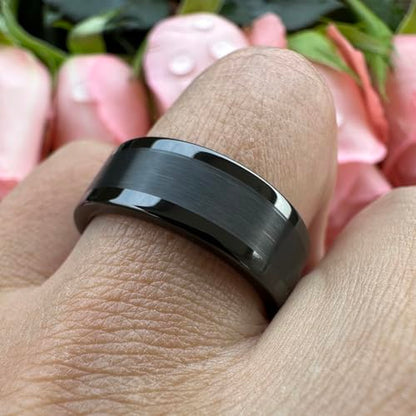 TUTISS 8mm Silver/Black/Gunmetal/Gold Tungsten Rings for Men Women Fashion Engagement Wedding Bands Matte Polished Pipe Cut Comfort Fit - color: 8mm Black Tungsten