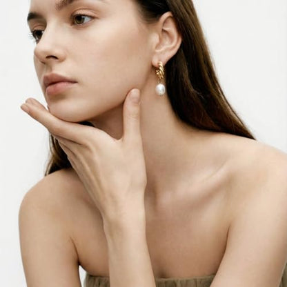 Pearl Earrings VeroSteel Dangle Earrings for Women, Dainty 14k Gold Huggie Hoop Earrings with Pearls, Trendy Pearl Drop Earrings, Stainless Steel Hypoallergenic Stud Earrings For Sensitive Ears - style: Half-Circle Braid