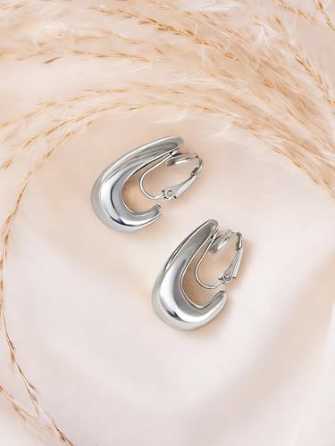 FAN&LOUIS Gold and Silver Clip On Earrings for Women, Chunky Huggie Teardrop Clip-on for Non Pierced Ears - style: Gold and Silver