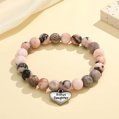 MIXJOY Inspirational Gifts for Women, Heart Charm Pink Elastic Beads Bracelet, Positive Affirmations Get Well Soon Gifts - style: bonus daughter give you life pink