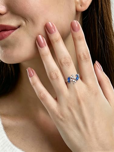Silver Leaf Ring for Women 925 Sterling Silver Yellow Gold Plated CZ Inlaid Marquise Sapphire/Ruby/Emerald Cocktail Rings Size 6 to 10 - color: Sapphire - Silver