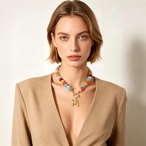 NIKOLUX Colorful Initial Necklaces for Women Chunky Resin Beaded Toggle Necklace 14K Gold Plated A-Z Bubble Letter Pendant Necklace Trendy Summer Beach Handmade Jewelry Gift - color: Colorful-M