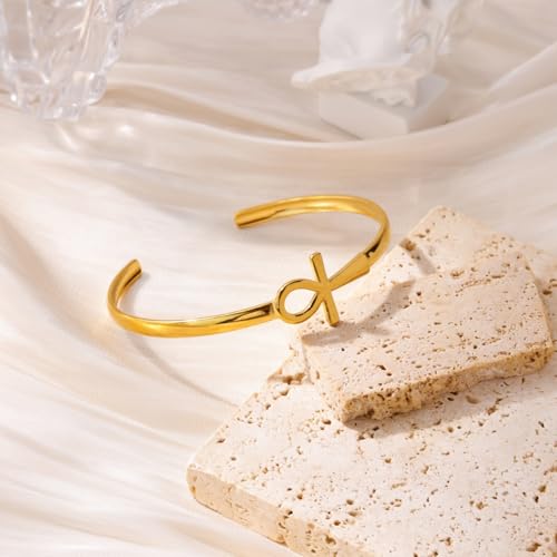 Gold Statement Cuff Bracelet Ankh Cross - Waterproof Stainless Steel Open Bangle Hypoallergenic Egyptian Key of Life Jewelry, Adjustable Protection Amulet for Women Men - color: Gold Minimalist Single Ankh