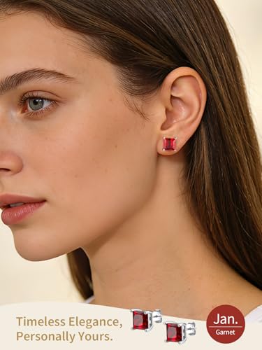 FindChic 2 Carat Birthstone Stud Earrings for Women, Round/Heart/Princess Cut Stud Earrings, Hypoallergenic Studs with 925 Sterling Silver Posts, 12 Months Birthday Jewelry Gift - color: 01. January-Garnet(Princess Cut)