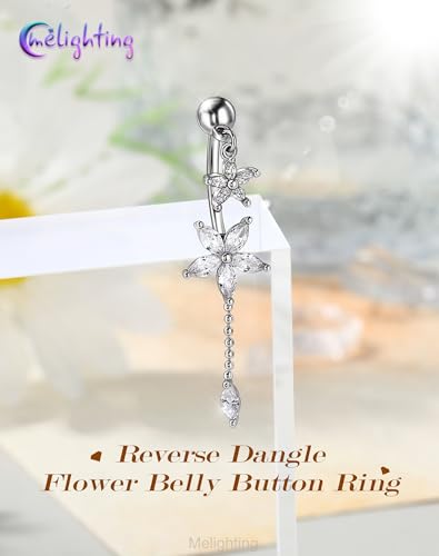 Melighting 14G Lotus Belly Button Ring Dangle Navel Ring Surgical Steel | 316L Reverse Belly Piercing Jewelry AAA Cubic Zircon, 10 mm Silver Gold Double Flower Barbell Bar Body Jewellery for Women - color: Steel Lotus