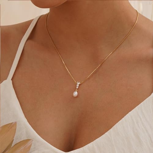 Pearl Necklaces for Women Trendy,14k Gold Plated Pearl Pendant Necklace Dainty Wedding Necklace Small Cute Gold Choker Necklace for Women Non Tarnish Gold Prom Jewelry Fashion Bridesmaids Gifts - color: Dangle necklace
