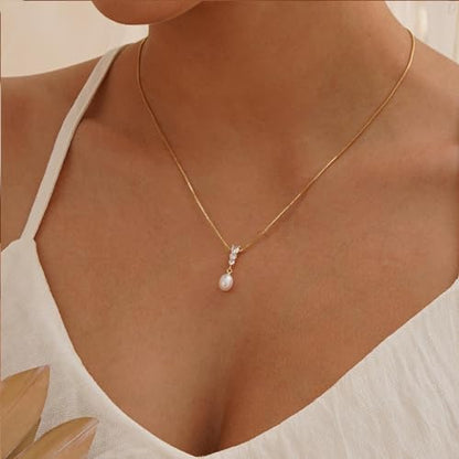 Pearl Necklaces for Women Trendy,14k Gold Plated Pearl Pendant Necklace Dainty Wedding Necklace Small Cute Gold Choker Necklace for Women Non Tarnish Gold Prom Jewelry Fashion Bridesmaids Gifts - color: Dangle necklace