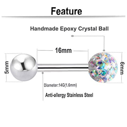 Anti-allergy Surgical Steel Tongue Rings Women Handmade Epoxy Crystal Piercing Barbells 14G 16mm - color: AB+Blue+Pink+White