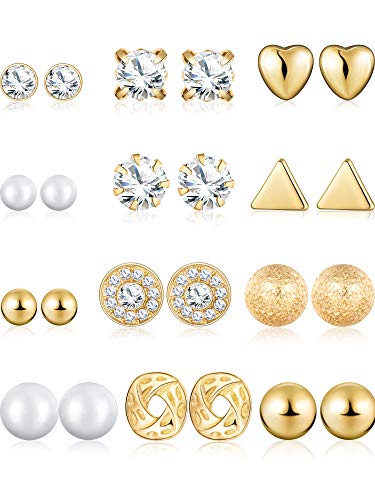 BBTO 24 Pairs Stud Earrings Crystal Pearl Earring Set Ear Stud Jewelry for Women Men - color: Gold